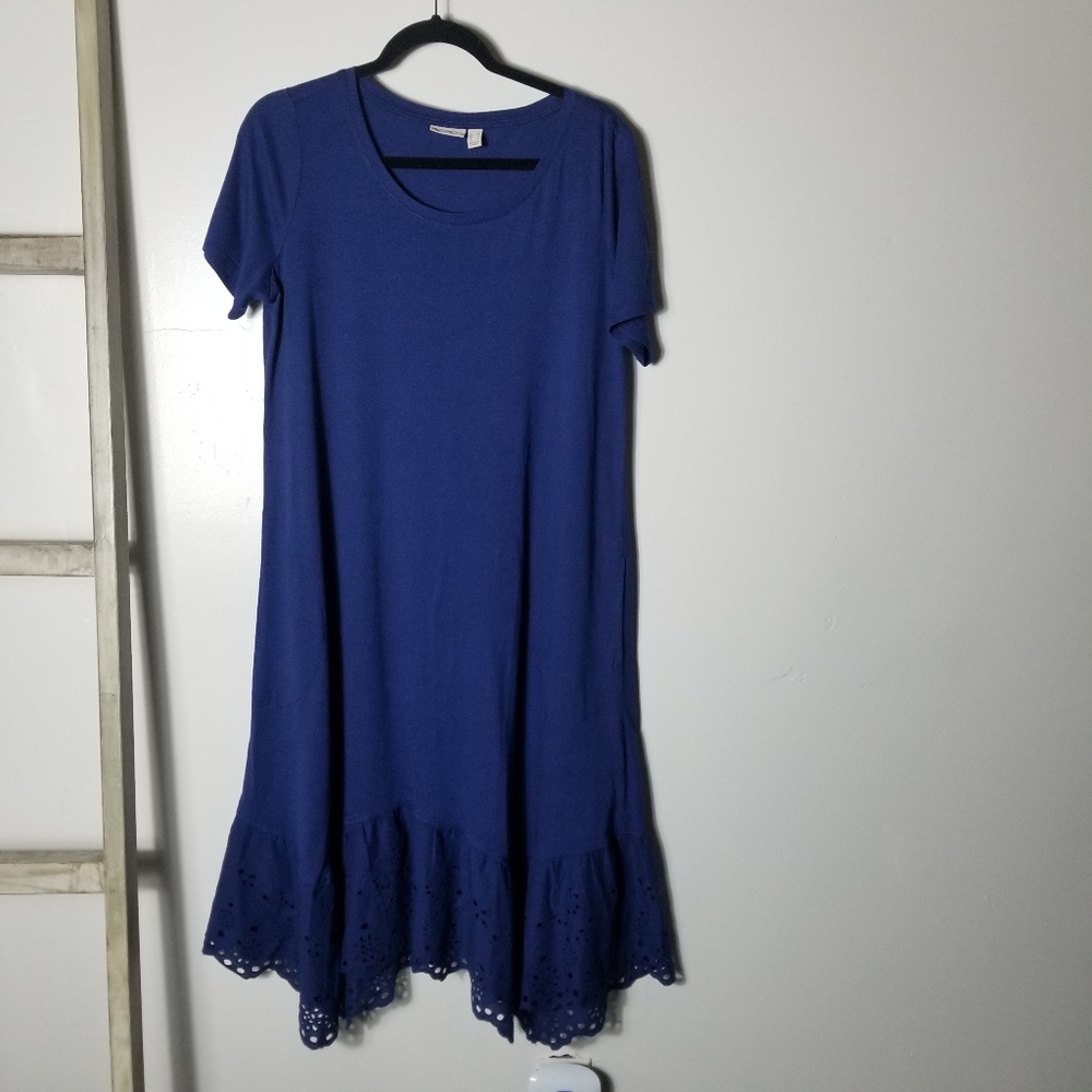 LOGO BY LORI GOLDSTEIN PURPLISH BLUE SHIRT DRESS WITH LACE BOTTOM SIZE MEDIUM
